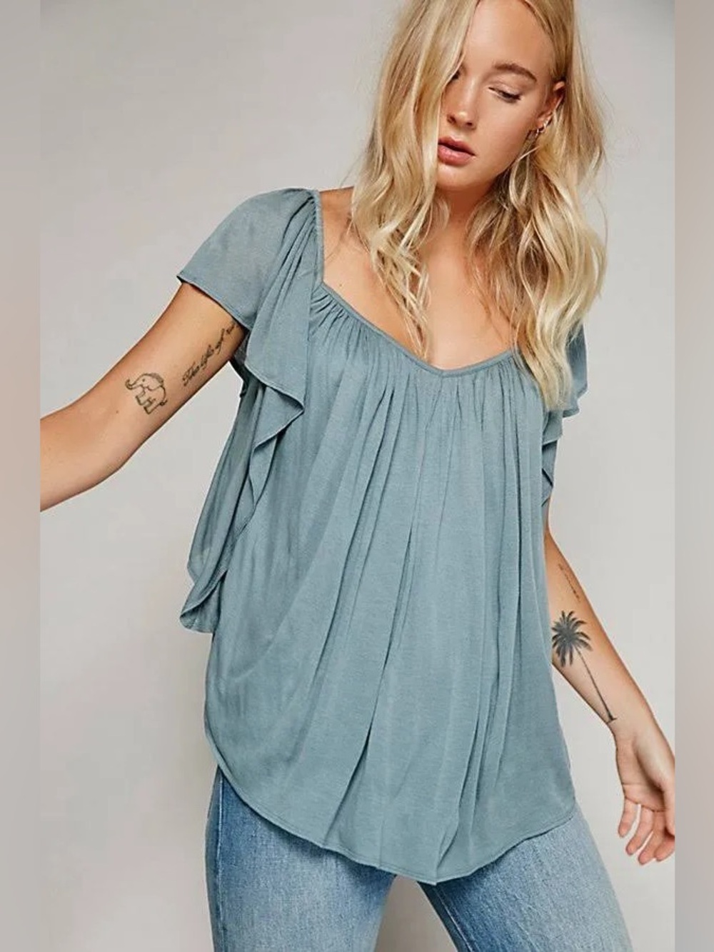 Free People Women’s Forever & Always V Neck Flutter Sleeve Tee in Grey, Small